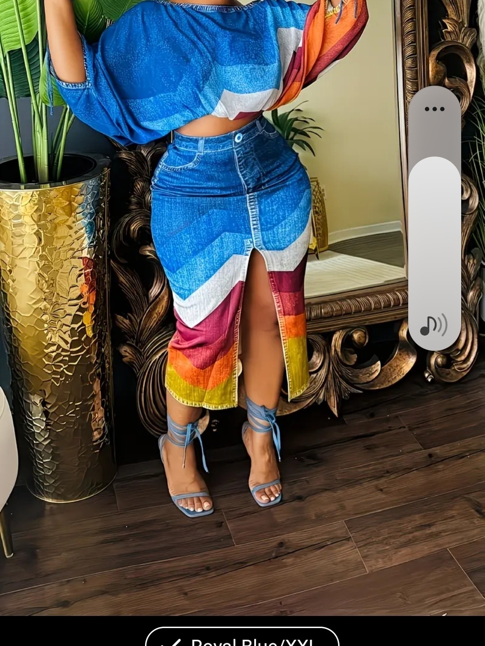 Colorblock High-Waist 2 Pc Skirt Set with Front Slit - Blue Multicolor